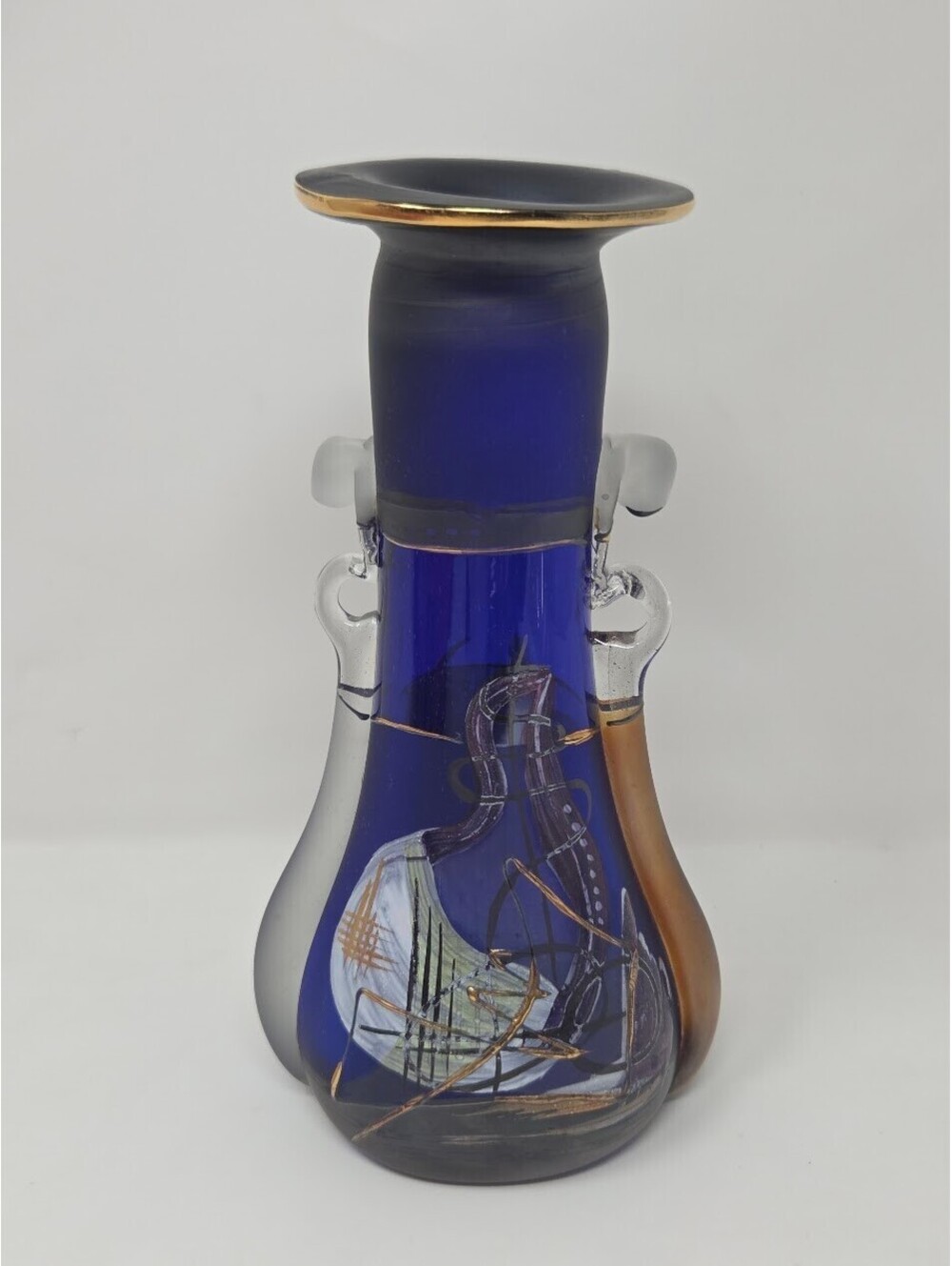 Cobalt Blue Art Glass Vase Hand Painted Sailing Ships Gold Trim Double Handles